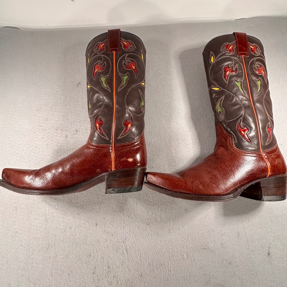 Frye Brown Leather Western Cowboy Boots Flame Embroidery Pointed Toe Women 7
